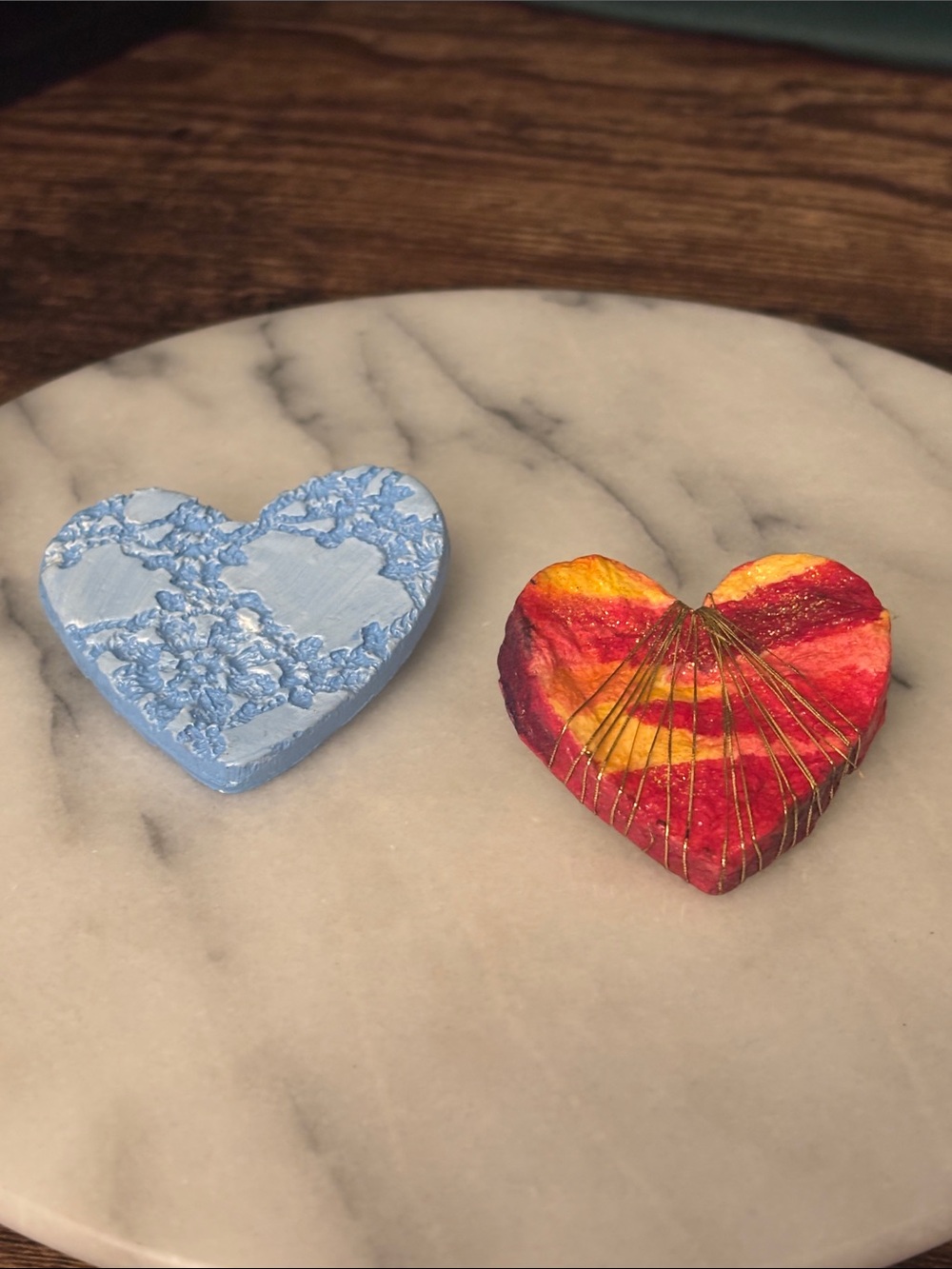 Handcrafted Mixed-Media Heart Accent Pin Set in Blue and Red-Yellow -